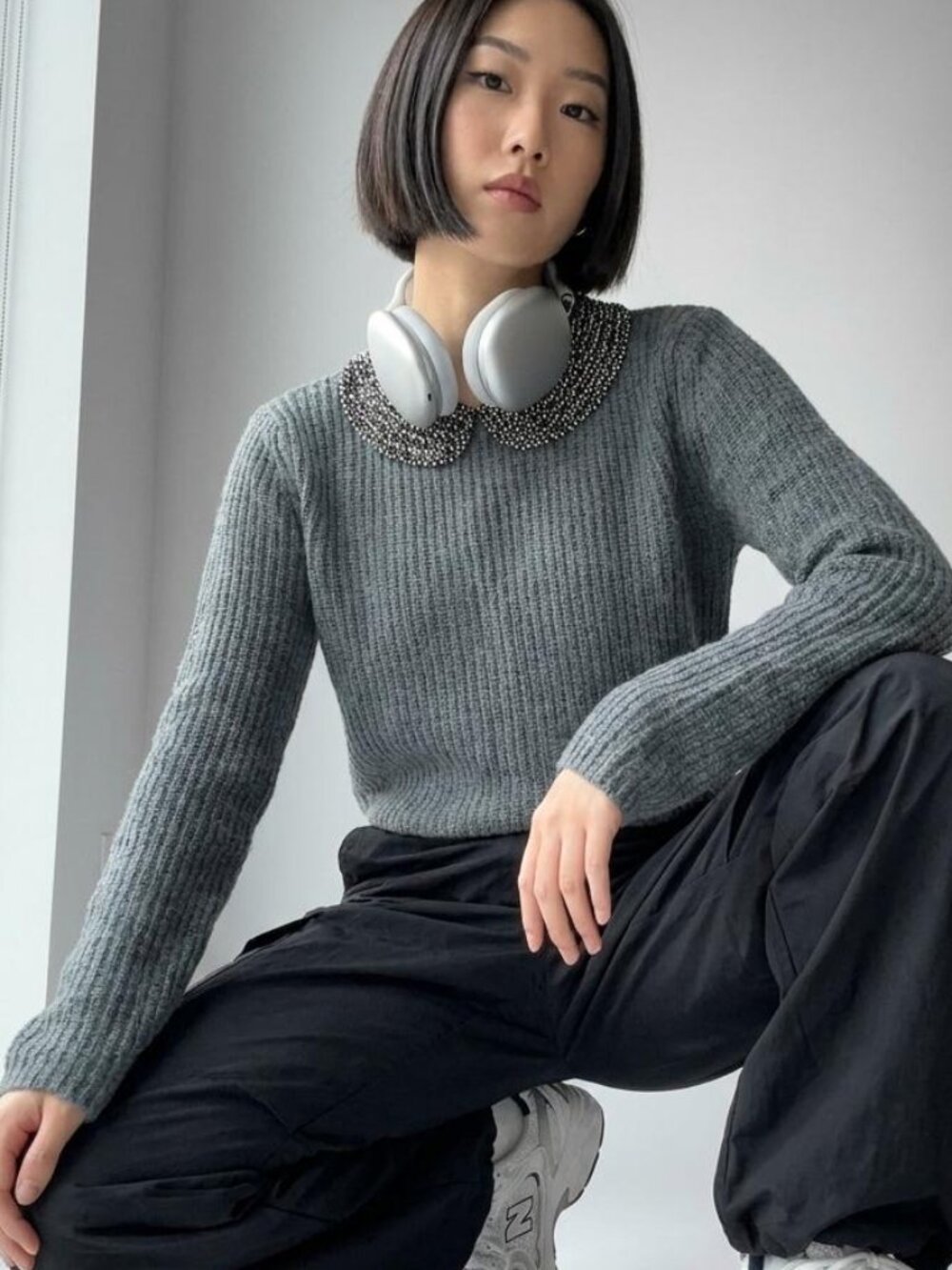 Zara Knit Beaded Peter Pan Collar Angora Blend Ribbed Sweater